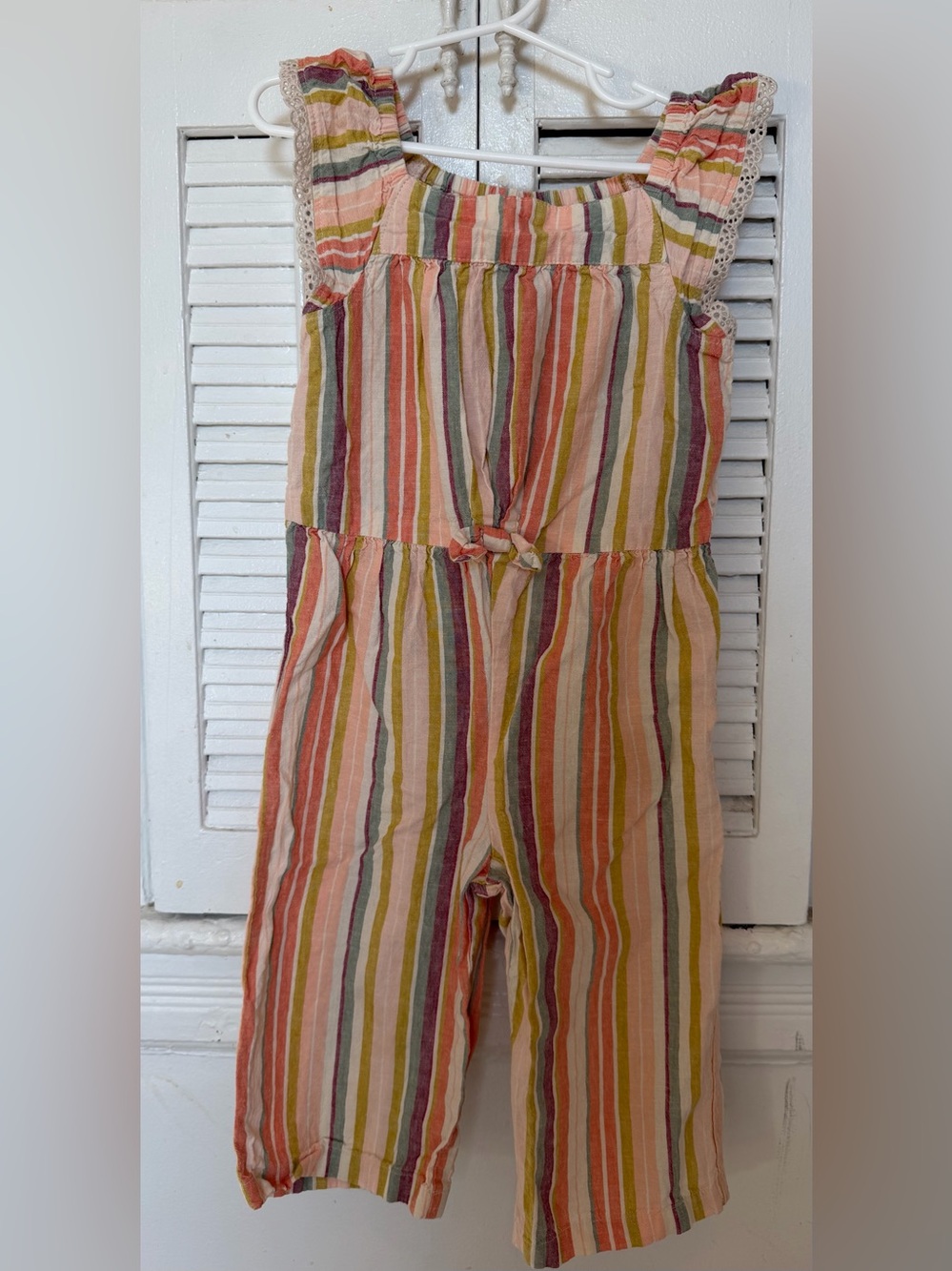 Whimsical 70’s style 4T cotton and linen striped jumpsuit